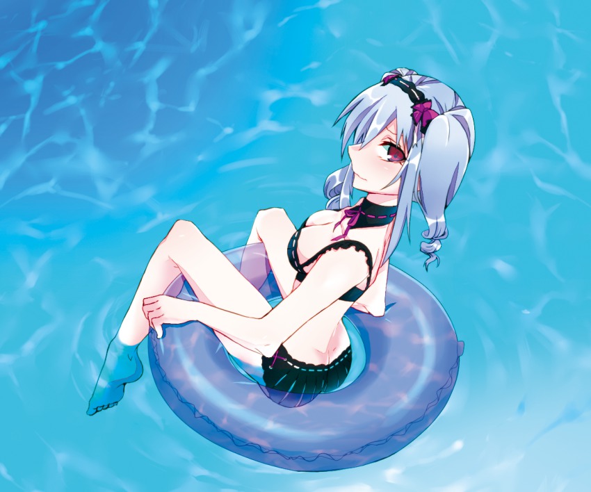 10s, 1girl, afloat, ass, bikini, blush, breasts, butt_crack, cleavage, dimples_of_venus, drill_hair, female_focus, hairband, idolmaster, idolmaster_cinderella_girls, innertube, kanzaki_ranko, long_hair, looking_back, pool, red_eyes, silver_hair, sitting, smile, solo, swim_ring, swimsuit, twin_drills, twintails, wading, water, yakou_(innocent_chapel)