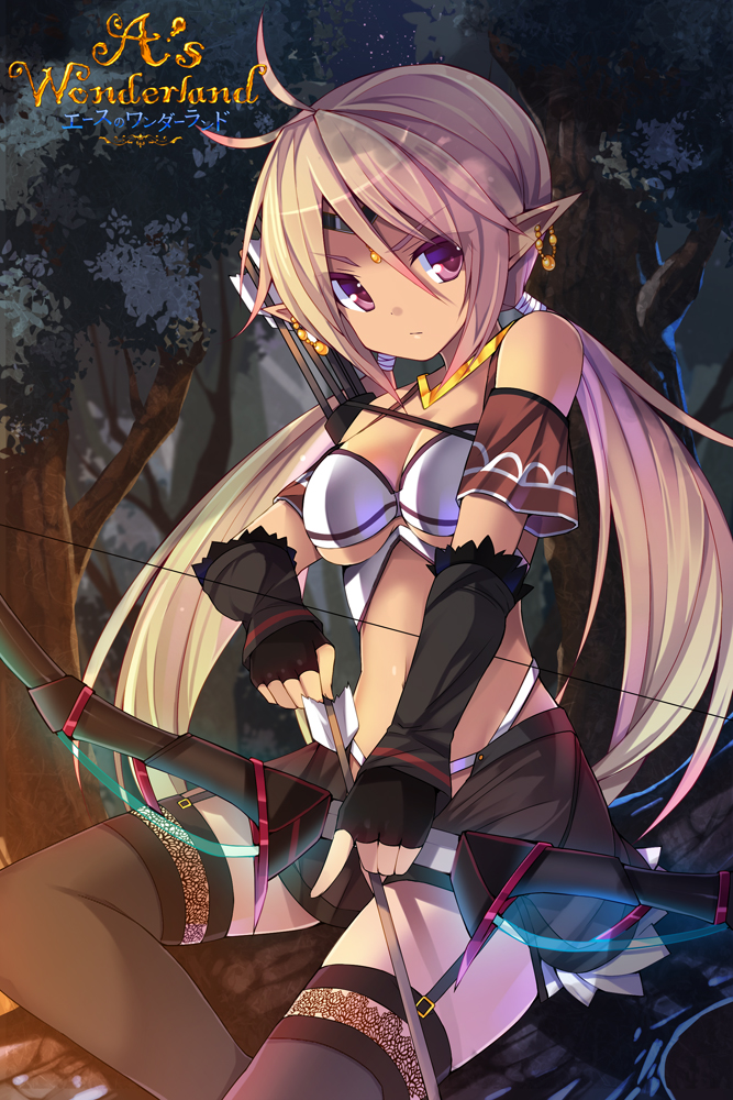 1girl, a's_wonderland, ahoge, arrow_(projectile), bare_shoulders, blonde_hair, bow_(weapon), chiri_(atlanta), earrings, elf, female_focus, fingerless_gloves, forest, garter_straps, gloves, jewelry, long_hair, nature, night, original, pointy_ears, purple_eyes, solo, thighhighs, tree, twintails, weapon