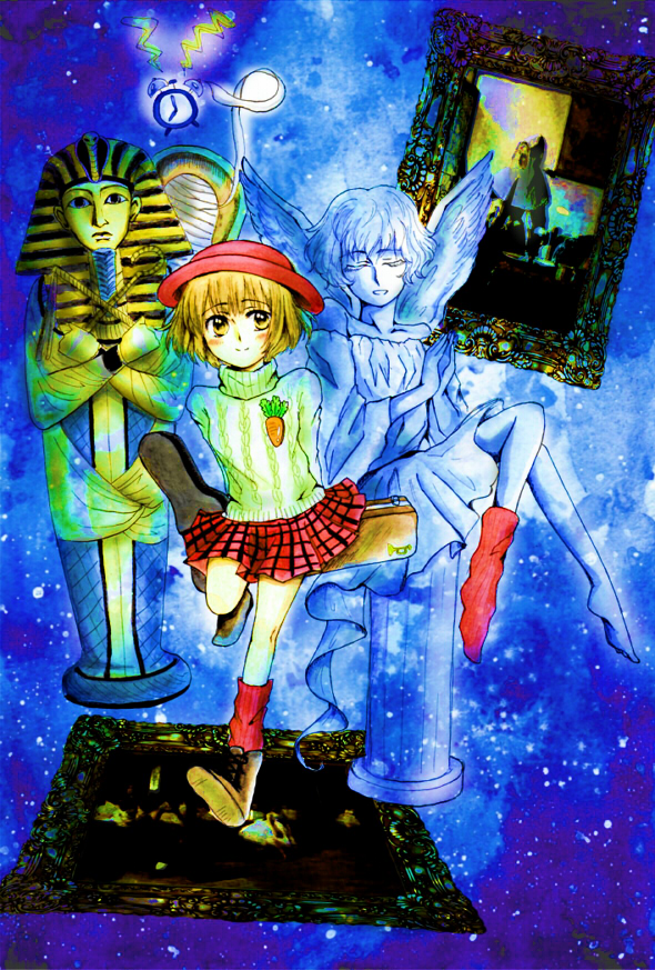 1girl, alarm_clock, angel, asymmetrical_legwear, bad_id, bad_pixiv_id, blonde_hair, checkered_clothes