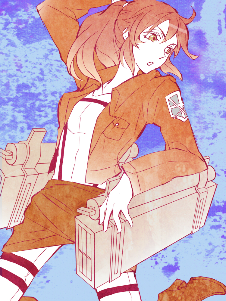 1girl, bad_id, bad_pixiv_id, belt, emir_ia, female_focus, jacket, ponytail, sasha_blouse, shingeki_no_kyojin, solo, thigh_strap, three-dimensional_maneuver_gear