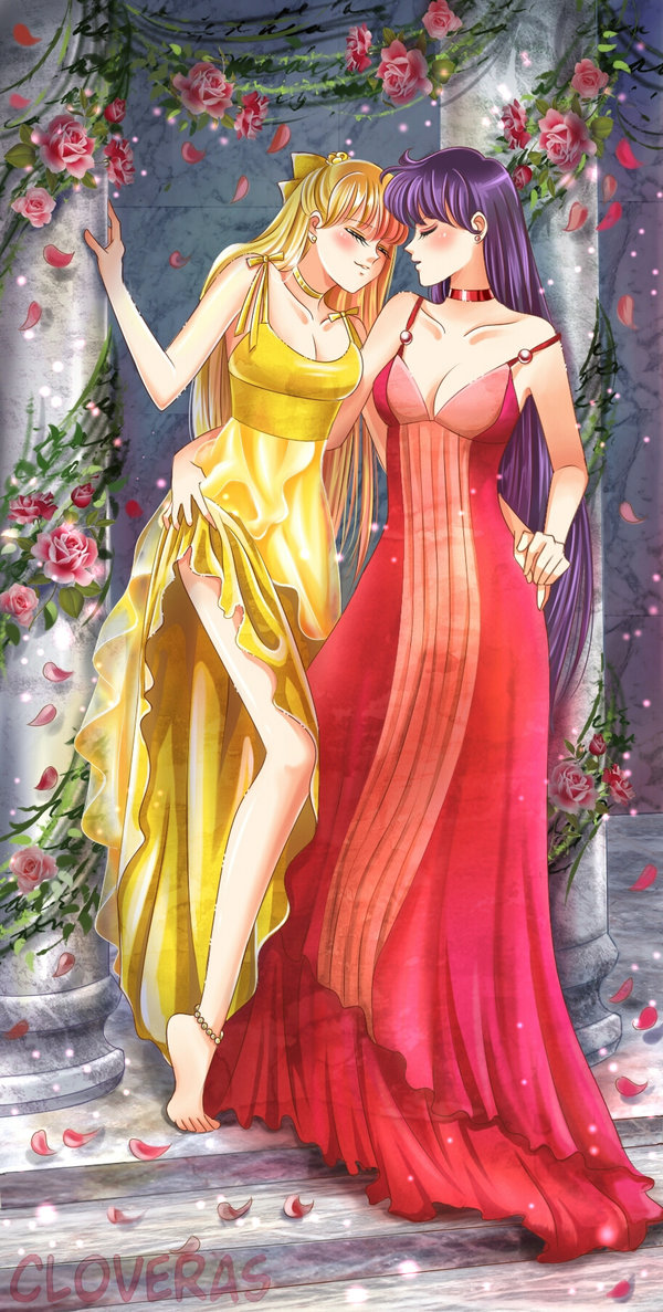 1990s_(style), 2girls, aino_minako, anklet, arm_around_another's_waist, artist_name, bad_deviantart_id, bad_id, bare_shoulders, barefoot, bishoujo_senshi_sailor_moon, blonde_hair, blush, bow, breasts, choker, cleavage, closed_eyes, clothes_lift, cloveras, collarbone, column, dress, dress_lift, earrings, female_focus, flower, hair_bow, half_updo, hino_rei, holding_hands, hug, jewelry, legs, long_dress, long_hair, multiple_girls, necklace, petals, pillar, princess_mars, princess_venus, purple_hair, red_dress, retro_artstyle, rose, sailor_mars, sailor_venus, smile, strap_slip, tiptoes, very_long_hair, yellow_dress, yuri