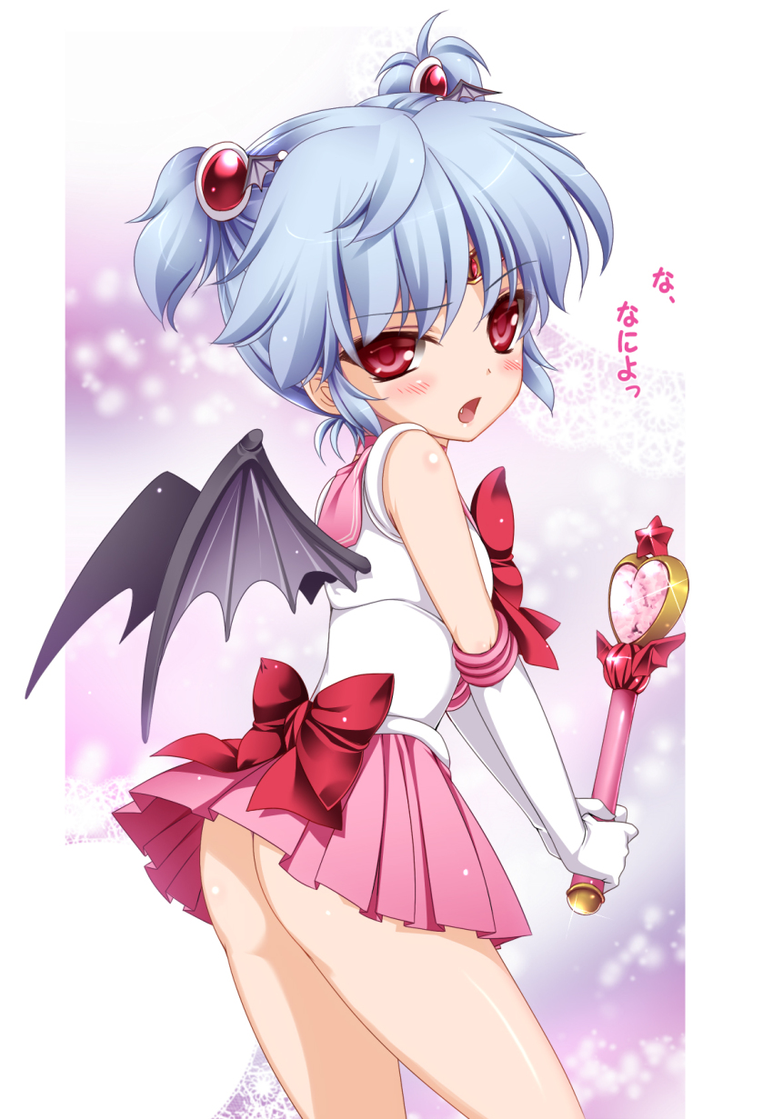 1girl, alternate_costume, alternate_hairstyle, ass, bat_wings, bishoujo_senshi_sailor_moon, bishoujo_senshi_sailor_moon_s, blue_hair, blush, bow, chestnut_mouth, cosplay, elbow_gloves, fang, female_focus, gloves, hair_ornament, highres, looking_at_viewer, looking_back, magical_girl, miniskirt, monety, open_mouth, pink_eyes, pleated_skirt, remilia_scarlet, sailor_chibi_moon, sailor_chibi_moon_(cosplay), sailor_senshi, sailor_senshi_(cosplay), school_uniform, serafuku, shirt, short_twintails, skirt, sleeveless, sleeveless_shirt, solo, touhou, translated, twintails, two_side_up, wand, white_gloves, wind, wind_lift, wings