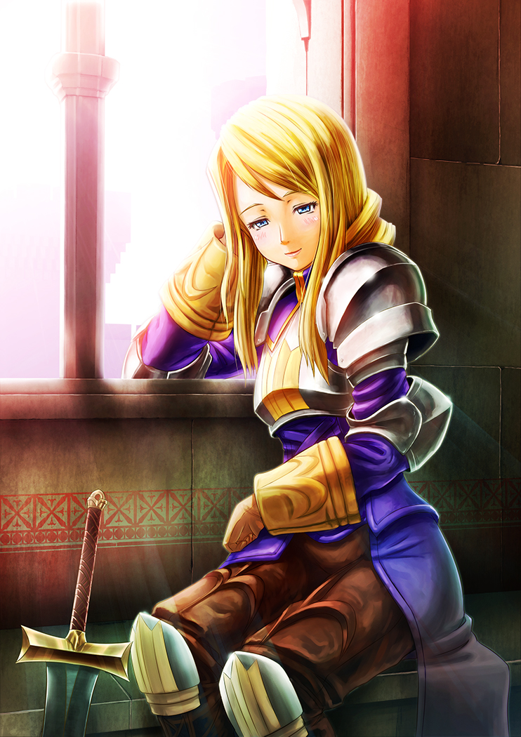 1girl, agrias_oaks, armor, blonde_hair, blue_eyes, blush, boots, braid, braided_ponytail, female_focus, final_fantasy, final_fantasy_tactics, gloves, knight, long_hair, nakazawa_dousan, pants, single_braid, sitting, smile, solo, sword, weapon