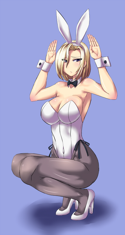 10s, 1girl, animal_ears, aonozakura_aruto, blonde_hair, bow, bowtie, breasts, cleavage, covered_navel, detached_collar, fake_animal_ears, hair_over_one_eye, hands_up, high_heels, large_breasts, majestic_prince, pantyhose, playboy_bunny, purple_eyes, rabbit_ears, short_hair, squatting, suzukaze_rin, wrist_cuffs