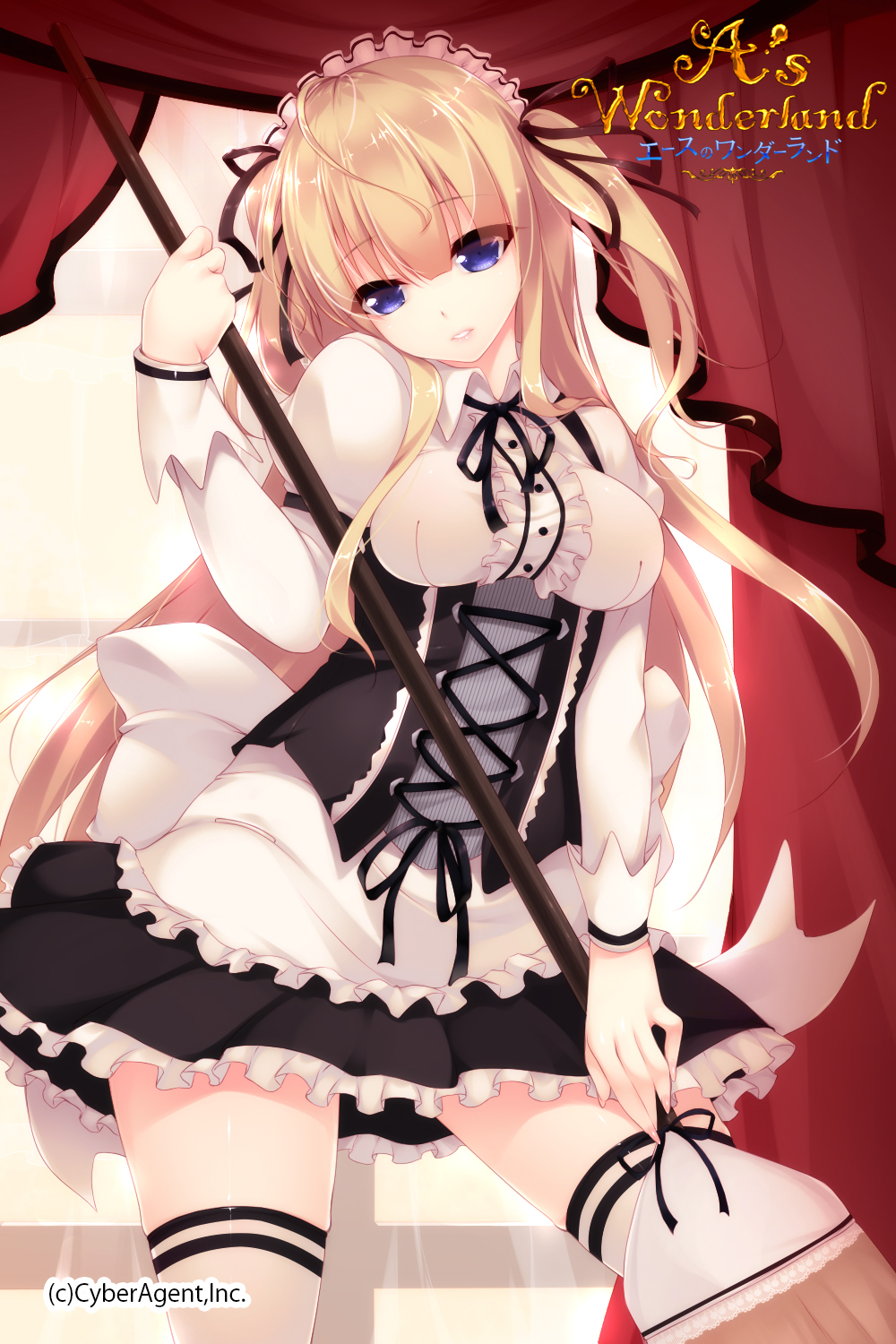 1girl, a's_wonderland, bad_id, bad_pixiv_id, blonde_hair, blue_eyes, breasts, broom, copyright_name, dress, female_focus, highres, long_hair, maid, shokuyou_mogura, skindentation, solo, thighhighs, two_side_up, watermark, white_thighhighs