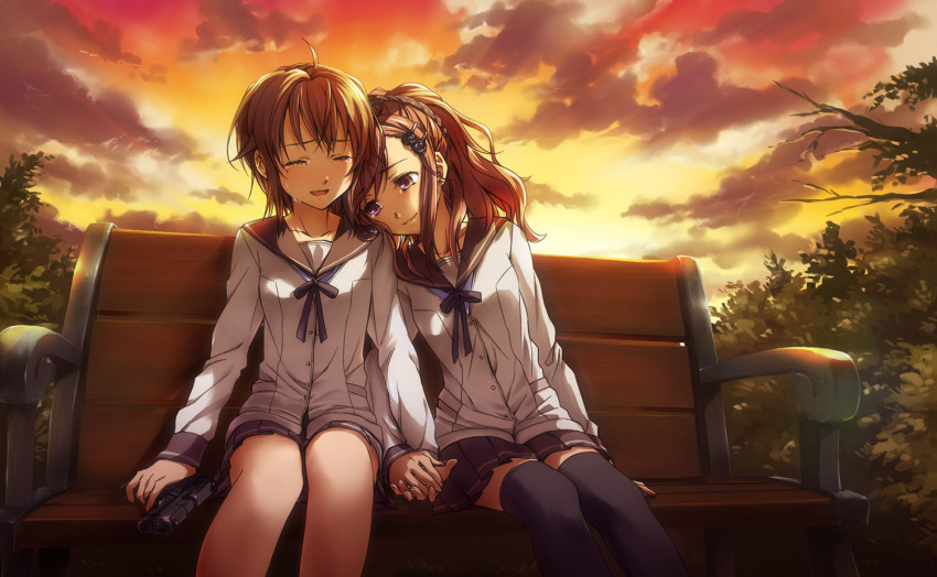 2girls, ahoge, aizawa_makoto, bench, brown_hair, collarbone, gun, hair_ornament, hairpin, hajiro_mina, holding_hands, long_hair, multiple_girls, negai_no_kakera_to_hakugin_no_agreement, open_mouth, ponytail, purple_eyes, ribbon, school_uniform, short_hair, sitting, skirt, smile, tears, thighhighs, tsuta_no_ha, weapon, yuri