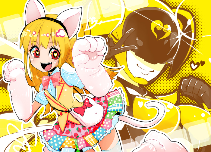 1girl, akiba_yellow, animal_ears, animal_hands, bag, blonde_hair, bow, cat_ears