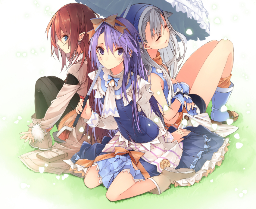 3girls, ascot, bike_shorts, black_legwear, blue_eyes, boots, bow, coat