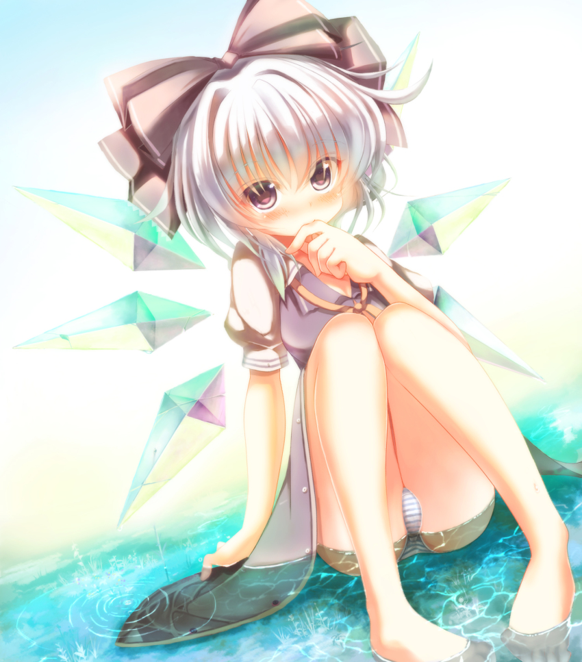 1girl, alternate_color, bad_id, bad_pixiv_id, barefoot, biting, biting_finger, blue_panties