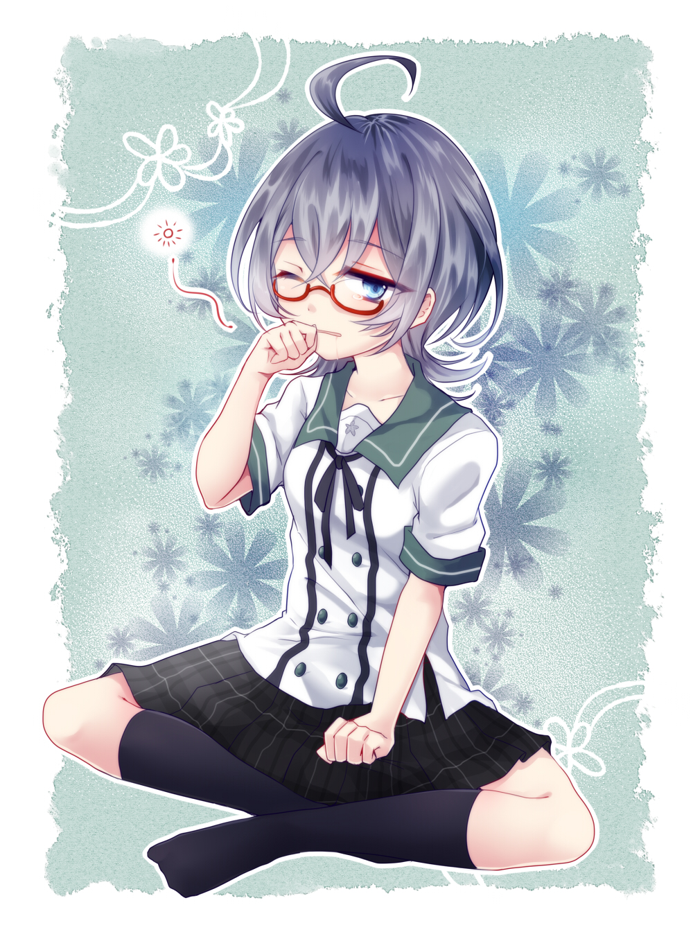 1girl, ahoge, black_socks, blue_eyes, blue_hair, ensemble_girls!, female_focus, glasses