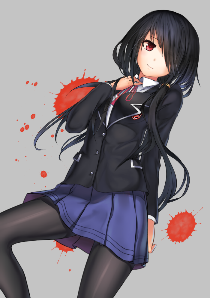 10s, 1girl, black_hair, black_pantyhose, blazer, blood, blood_splatter, date_a_live, female_focus, hair_over_one_eye, jacket, kumo_sheep, light_smile, long_hair, long_sleeves, pantyhose, red_eyes, school_uniform, skirt, smile, solo, tokisaki_kurumi, very_long_hair