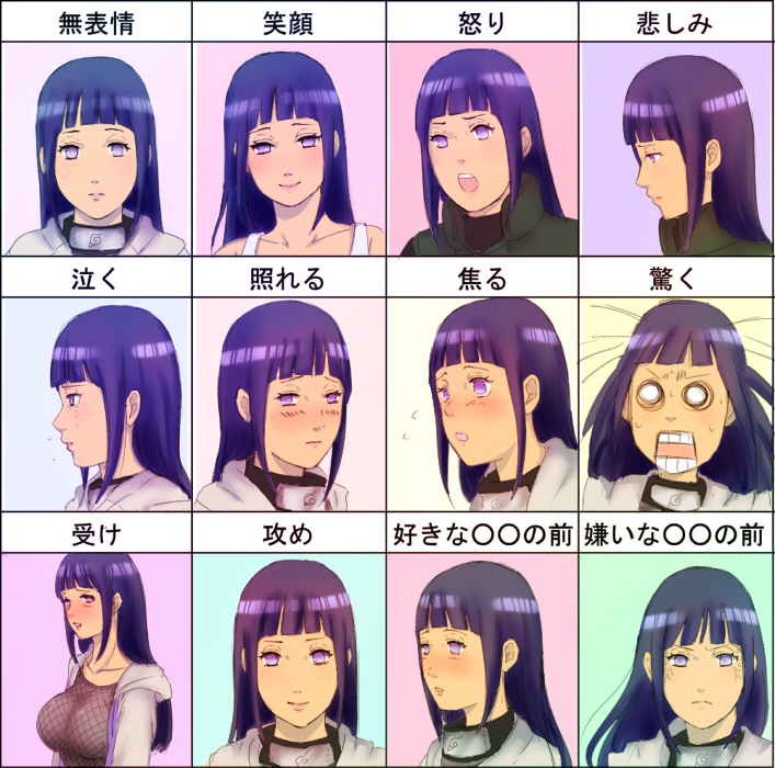 1girl, angry, blue_hair, blush, breasts, crying, expression_chart, frown, happy, hime_cut, hyuuga_hinata, large_breasts, meme, multiple_expressions, naruto_(classic), naruto_(series), partially_translated, purple_eyes, smile, soda_(artist), soda_(wilkinsontansan), surprised, translation_request