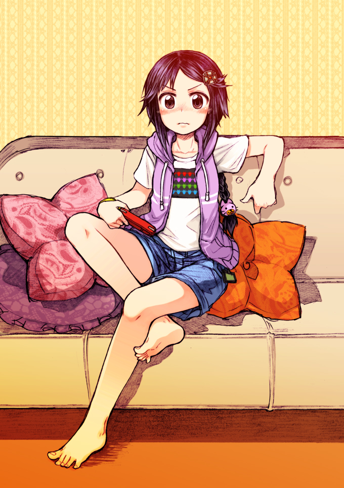 10s, 2girls, bad_id, bad_pixiv_id, bare_legs, barefoot, blush, braid, couch, denim, denim_shorts, feet, hair_ornament, handheld_game_console, hood, hoodie, idolmaster, idolmaster_cinderella_girls, crossed_legs, long_hair, miyoshi_sana, multiple_girls, open_clothes, open_hoodie, ruiko_(sad), shirt, shorts, sitting, sleeveless, sleeveless_hoodie, t-shirt, toes