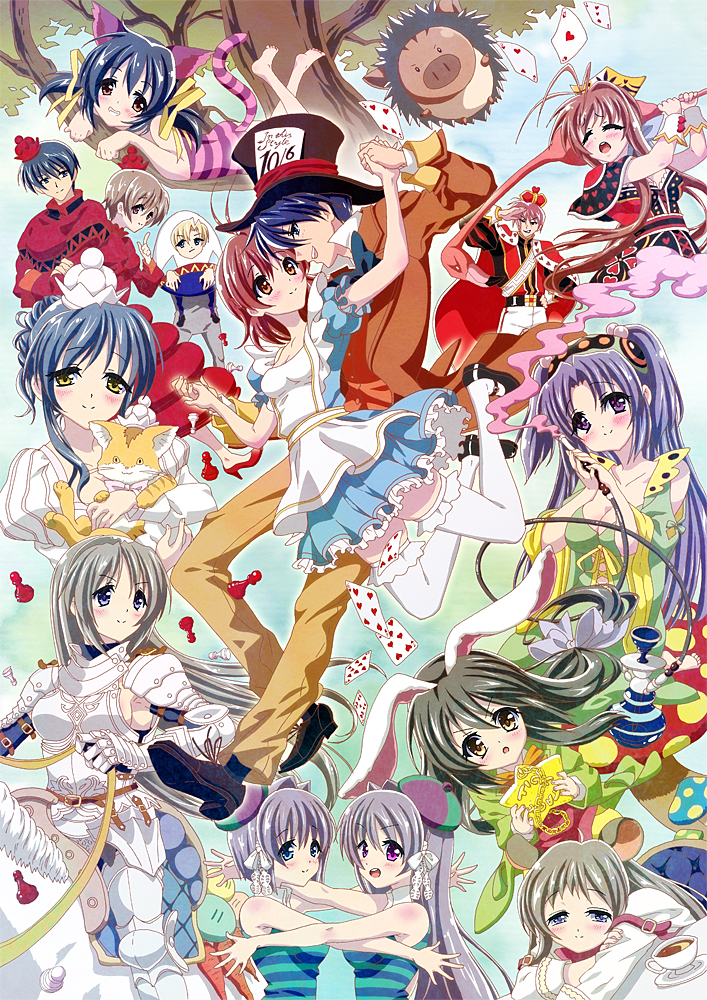 00s, 6+girls, alice's_adventures_in_wonderland, armor, blue_hair, botan_(clannad), cat, clannad