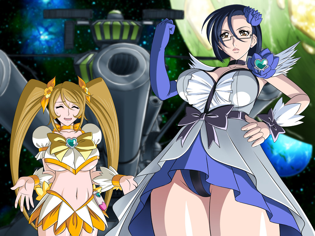 2girls, bow, breasts, brooch, cosplay, cure_moonlight, cure_moonlight_(cosplay), cure_sunshine, cure_sunshine_(cosplay), heart, heart_brooch, heartcatch_precure!, hisakawa_aya, jewelry, kuwashima_houko, large_breasts, lento_(glamour_works), md5_mismatch, midriff, mori_yuki, multiple_girls, niimi_kaoru, orange_bow, precure, resolution_mismatch, source_larger, space, spacecraft, thighs, uchuu_senkan_yamato, uchuu_senkan_yamato_2199, underboob, voice_actor_connection, waist_bow, yamato_(uchuu_senkan_yamato), yellow_bow