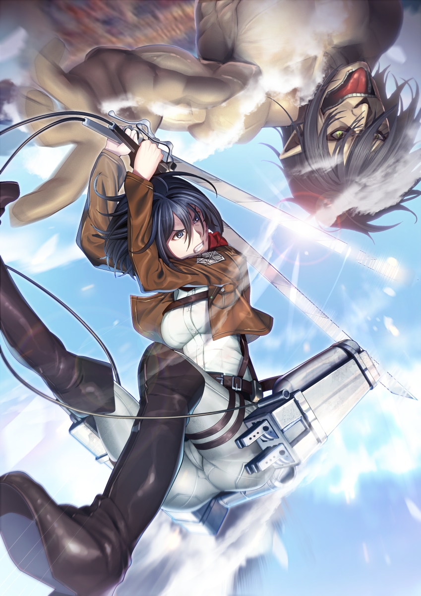 1girl, black_hair, fukurou_tei, highres, jacket, mikasa_ackerman, rogue_titan, scarf