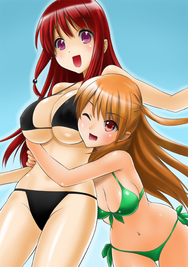 10s, 2girls, :d, ;d, atarashi_ako, bikini, breasts, brown_hair