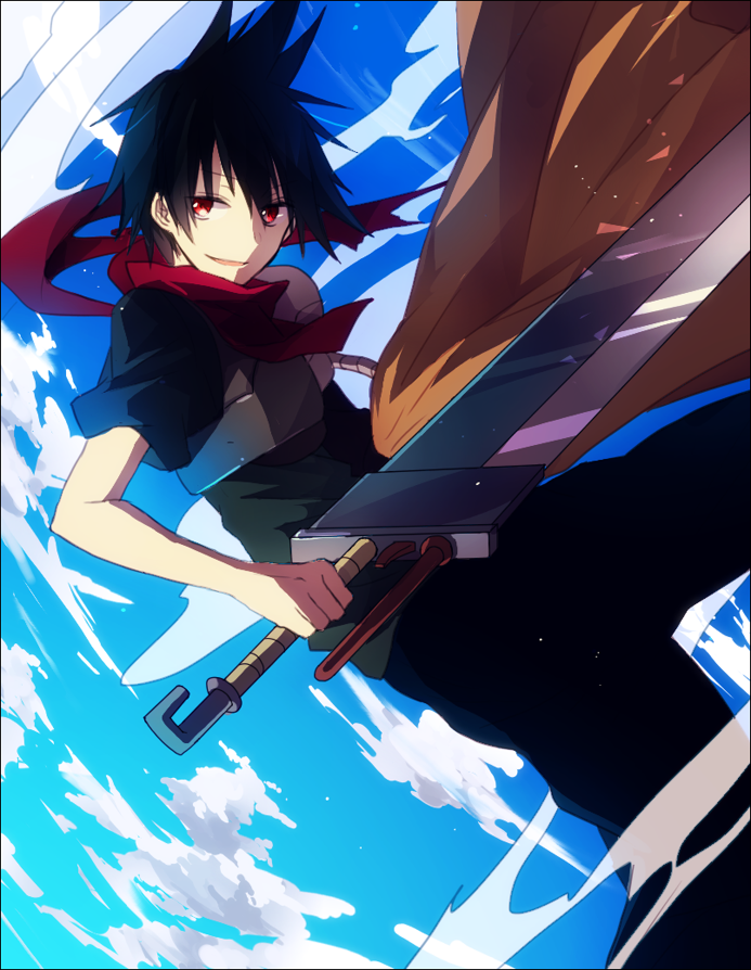 1boy, black_hair, cloud, day, red_eyes, ross_(senyuu), scarf, sen'yuu.