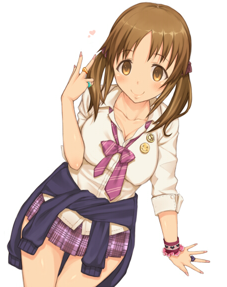 1girl, blush, breasts, brown_hair, cleavage, clothes_around_waist, collarbone, cosplay