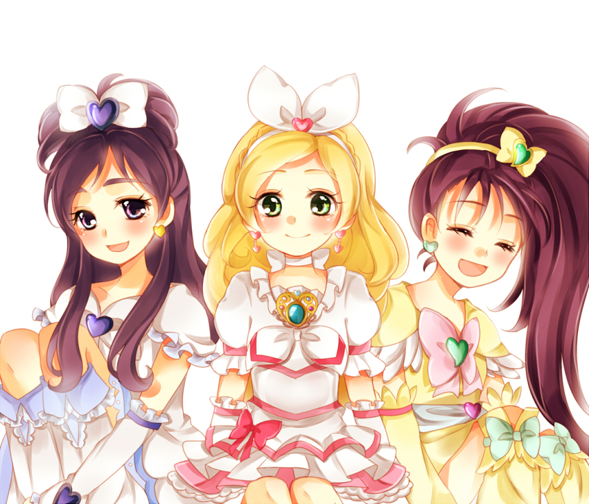 00s, 10s, 3girls, 501070, :d, bad_id, bad_pixiv_id, blonde_hair, bow, braid, brooch, choker, closed_eyes, color_connection, cure_egret, cure_rhythm, cure_white, dress, earrings, futari_wa_precure, futari_wa_precure_splash_star, green_eyes, hair_ribbon, half_updo, happy, heart, heart_brooch, in-franchise_crossover, jewelry, kotono_(pixiv2943202), long_hair, looking_at_viewer, magical_girl, minamino_kanade, mishou_mai, multiple_girls, open_mouth, ponytail, precure, purple_eyes, purple_hair, ribbon, simple_background, skirt, smile, suite_precure, very_long_hair, white_background, white_choker, white_dress, wrist_cuffs, yukishiro_honoka