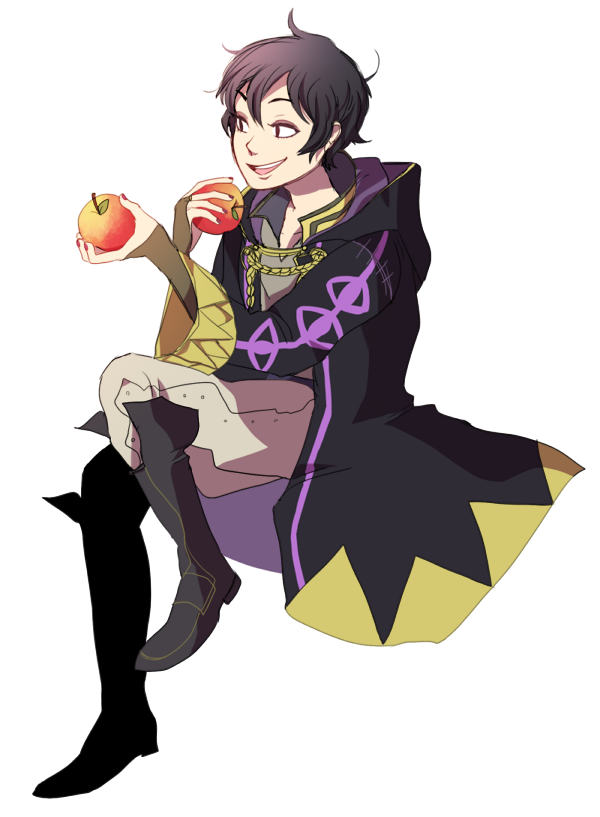 1boy, :d, apple, black_hair, boots, bridal_gauntlets, brown_eyes, brown_hair, eclectic, fingernails, fire_emblem, fire_emblem_awakening, food, fruit, full_body, hair_between_eyes, happy, holding, hood, hood_down, hooded_jacket, jacket, knee_boots, leaf, long_sleeves, male_focus, messy_hair, male_morgan_(fire_emblem), nail_polish, nintendo, open_mouth, pants, pants_tucked_in, puffy_pants, robe, short_hair, simple_background, sitting, smile, solo, teeth, white_background