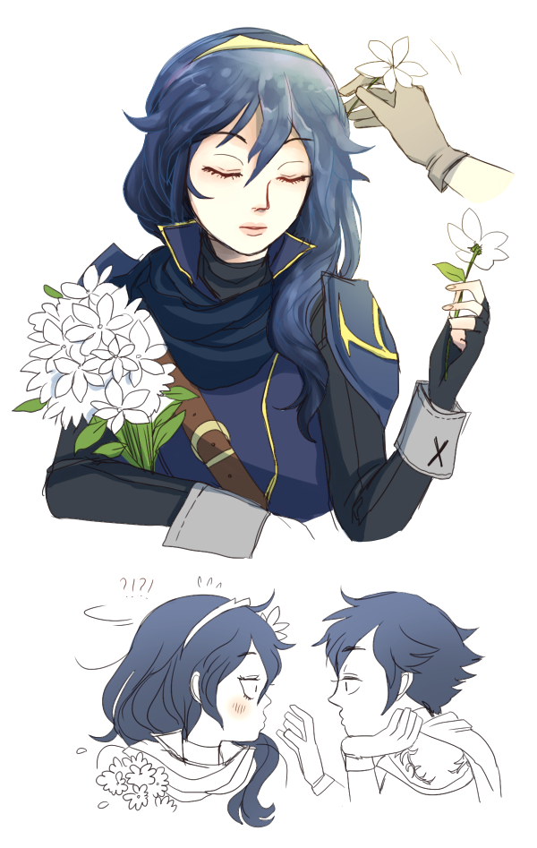 1boy, 1girl, blue_gloves, blue_hair, blush, bouquet, brown_gloves, chrom_(fire_emblem), closed_eyes, daisy_(flower), eclectic, eye_contact, father_and_child, father_and_daughter, fingerless_gloves, fire_emblem, fire_emblem_awakening, flower, gloves, hair_between_eyes, hair_flower, hair_ornament, holding, lips, long_hair, looking_at_another, lucina_(fire_emblem), nintendo, parent_and_child, sleeping
