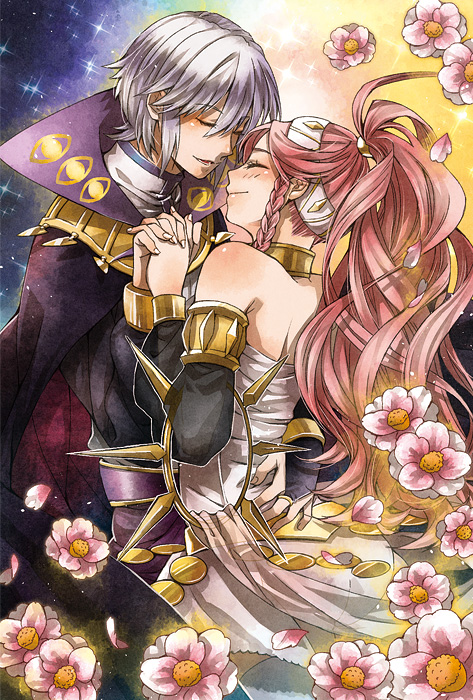 1boy, 1girl, blush, cape, collar, couple, detached_sleeves, dress, closed_eyes, fire_emblem, fire_emblem_awakening, flower, holding_hands, henry_(fire_emblem), hetero, jewelry, kuniomi, lips, long_hair, lots_of_jewelry, nintendo, olivia_(fire_emblem), open_mouth, pink_hair, ponytail, short_hair, silver_hair, smile, sparkle, strapless, strapless_dress
