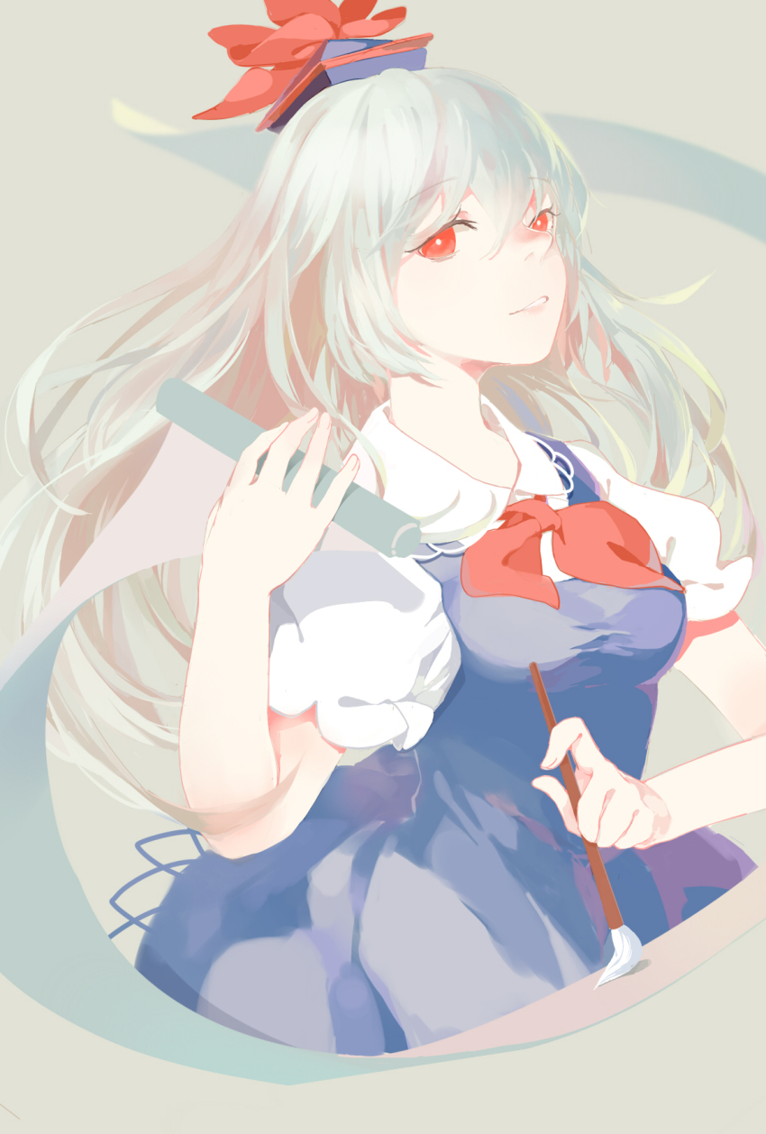 1girl, aloin.g, bad_id, bad_pixiv_id, blue_hair, breasts, calligraphy_brush, dress