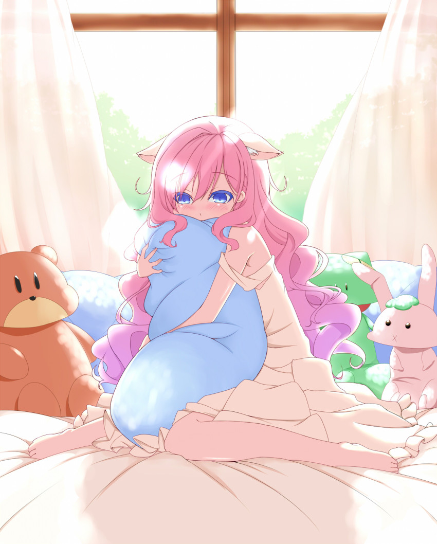 1girl, animal_ears, barefoot, blue_eyes, blush, curtains, dress, female_focus, highres, indoors, kuro_emon, legs, long_hair, original, pillow, pink_hair, solo, stuffed_animal, stuffed_rabbit, stuffed_toy, teddy_bear, window