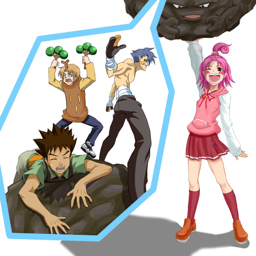 00s, 1girl, 3boys, blonde_hair, blue_hair, blush_stickers, brock_(pokemon), clannad, commentary_request, cosplay, croagunk, croagunk_(cosplay), gen_1_pokemon, gen_2_pokemon, gen_4_pokemon, graveler, happiny, happiny_(cosplay), highres, hizumi_(s05a1064), hood, hoodie, kamina_(ttgl), konishi_katsuyuki, multiple_boys, nintendo, one_eye_closed, open_mouth, pink_hair, pokemon, pokemon_(anime), pokemon_the_series:_diamond_and_pearl, sakaguchi_daisuke, shoes, short_hair, skirt, socks, sudowoodo, sudowoodo_(cosplay), sunohara_youhei, sweatdrop, tengen_toppa_gurren_lagann, topknot, voice_actor_connection