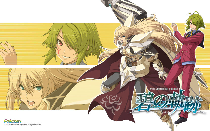 10s, 1boy, 1girl, 2011, ahoge, ao_no_kiseki, arianrhod, arianrhod_(eiyuu_densetsu), armor, blonde_hair, blue_eyes, boots, braid, campanella_(eiyuu_densetsu), campanella_(sora_no_kiseki), cape, company_name, copyright_name, eiyuu_densetsu, enami_katsumi, falcom, formal_clothes, full_body, gloves, green_hair, highres, huge_weapon, long_hair, official_art, pants, red_eyes, shoes, smile, sora_no_kiseki, suit, tattoo, weapon, zoom_layer