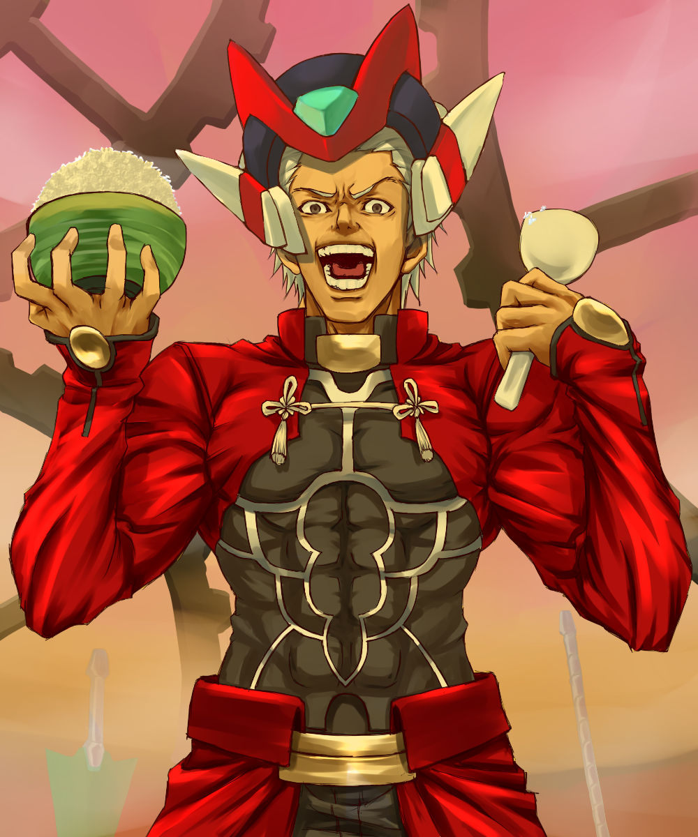 1boy, abs, archer_(fate), bowl, capcom, dark-skinned_male, dark_skin, death_note