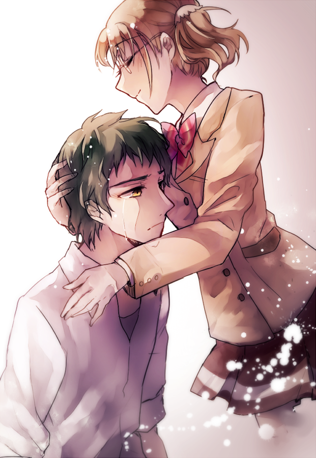 10s, 1boy, 1girl, bow, brown_hair, closed_eyes, glasses, hand_on_another's_head