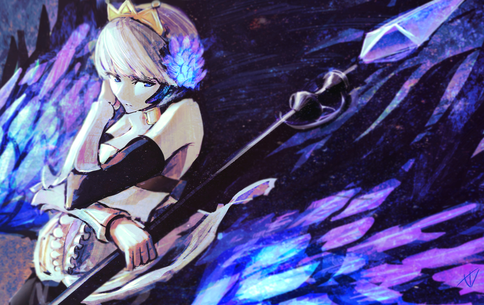 1girl, bad_id, bad_pixiv_id, blue_eyes, dress, female_focus, gwendolyn_(odin_sphere), multicolored_wings