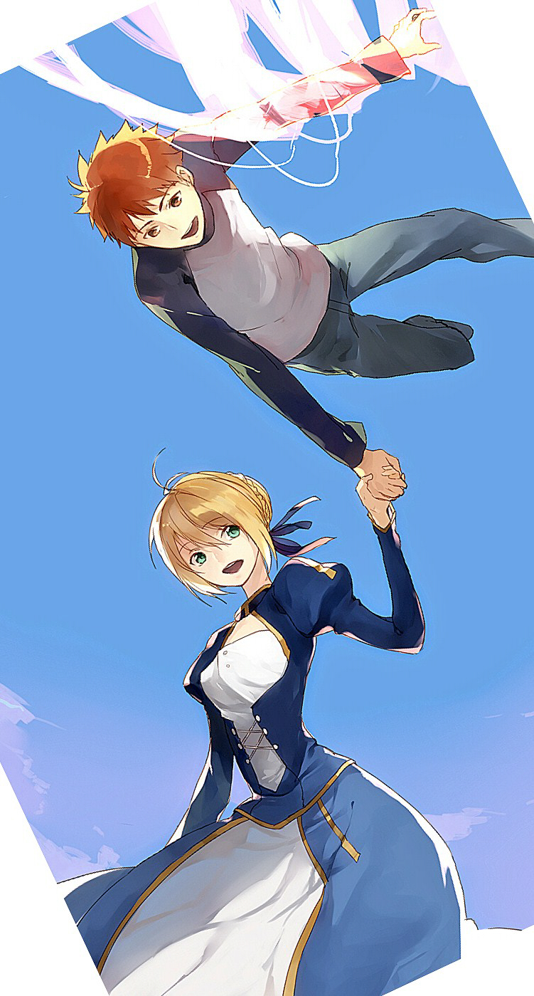 1boy, 1girl, ahoge, artoria_pendragon_(fate), bad_id, bad_pixiv_id, blonde_hair, dress