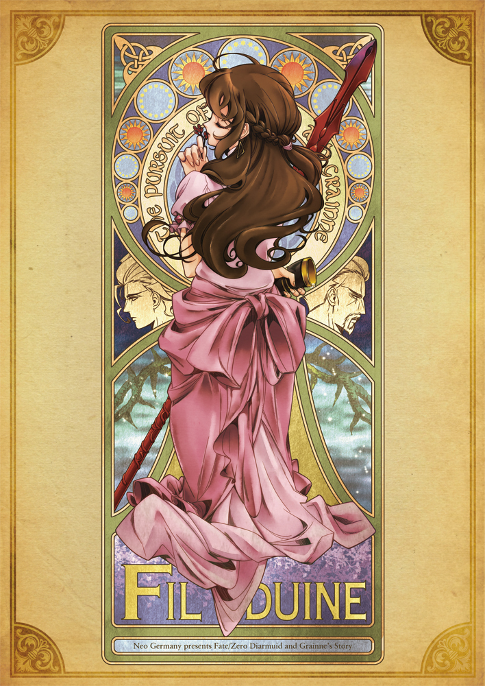 1girl, art_nouveau, braid, brown_hair, closed_eyes, diarmuid_ua_duibhne_(fate), diarmuid_ua_duibhne_(lancer)_(fate), dress