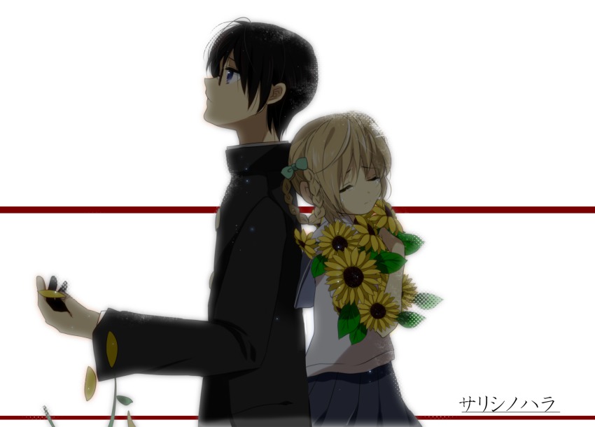 1boy, 1girl, back-to-back, black_hair, blazer, blonde_hair, braid, closed_eyes