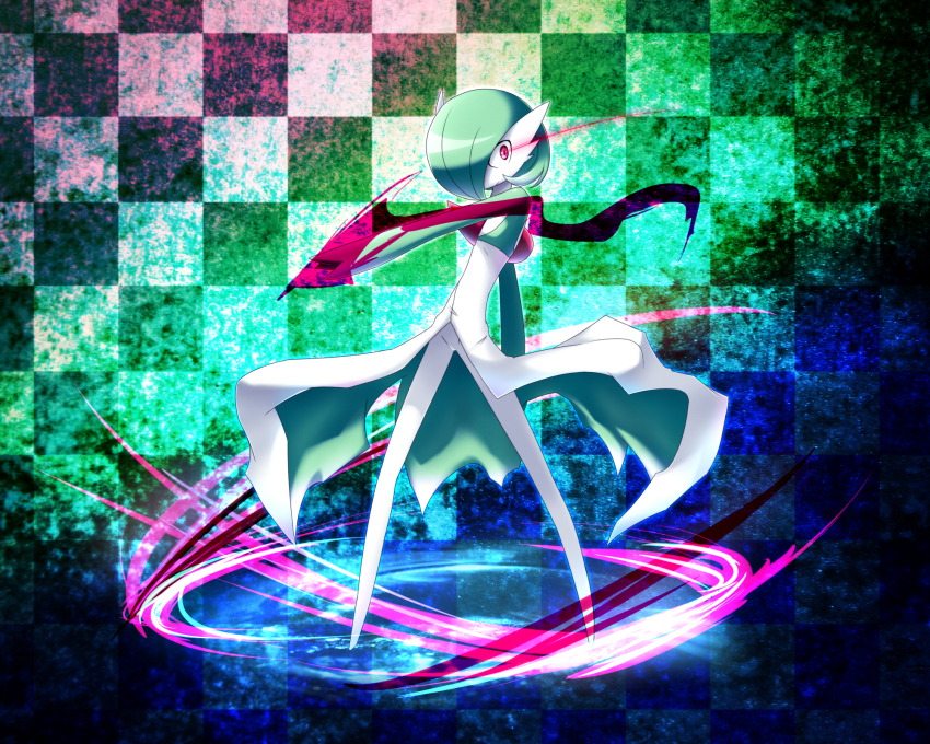 bob_cut, checkered_background, gardevoir, gardevoir_day, gen_3_pokemon, green_hair, highres, nintendo