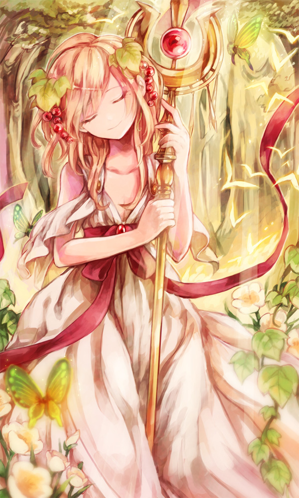 1boy, blonde_hair, cosplay, dress, eim_(gaziko), closed_eyes, food, fruit, grapes, long_hair, magi_the_labyrinth_of_magic, male_focus, scheherazade_(cosplay), scheherazade_(magi), scheherazade_(magi)_(cosplay), solo, staff, titus_alexius, trap