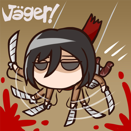 1girl, black_eyes, black_hair, blood, chibi, dual_wielding, female_focus, holding, jacket, lowres, mikasa_ackerman, n-master, scarf, shingeki_no_kyojin, short_hair, simple_background, solo, sword, three-dimensional_maneuver_gear, weapon