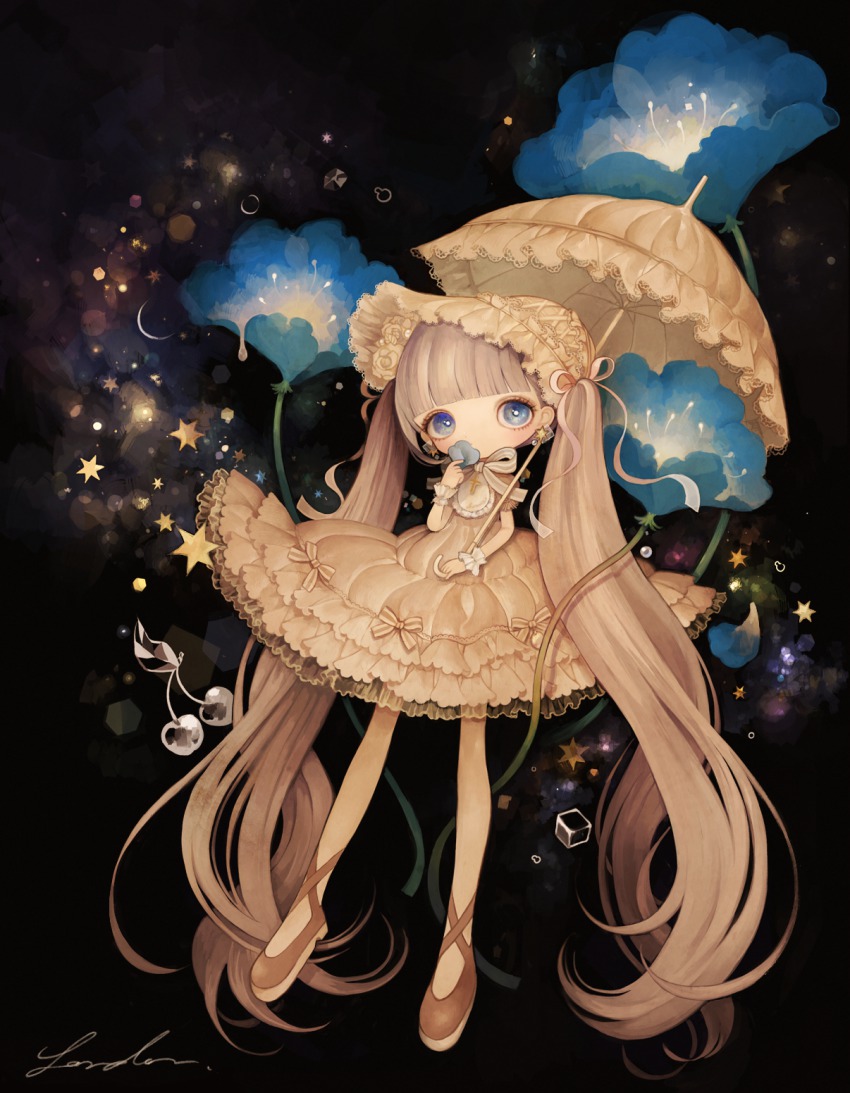 1girl, blue_eyes, blunt_bangs, bonnet, bow, bowtie, crescent_moon, dress