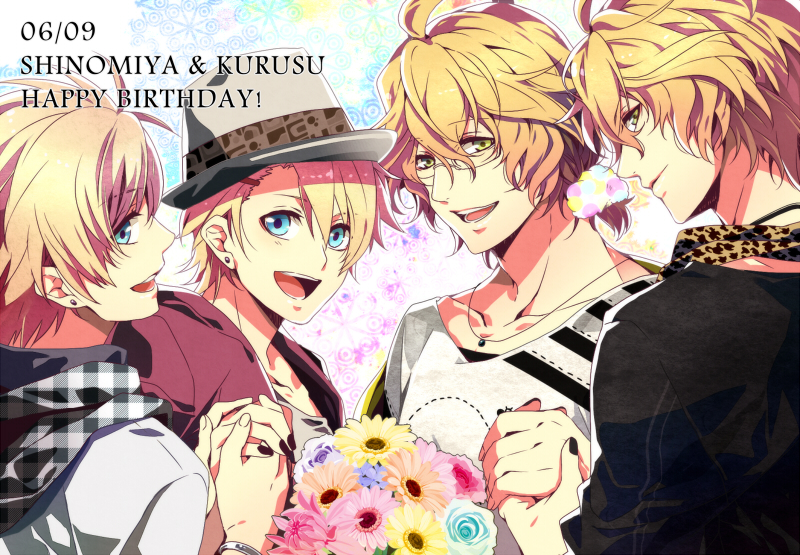 10s, 4boys, bad_id, bad_pixiv_id, birthday, blonde_hair, blue_eyes, bouquet