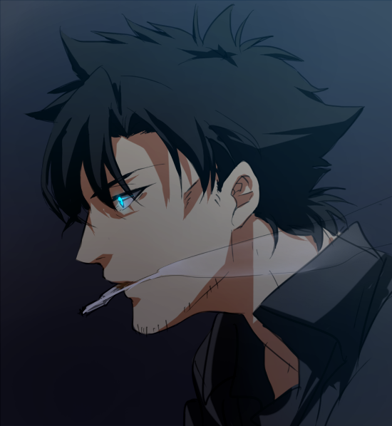 1boy, aoimio, black_hair, blue_eyes, cheekbones, cigarette, emiya_kiritsugu, facial_hair, fate/zero, fate_(series), glowing, glowing_eyes, male_focus, profile, smoking, solo, stubble