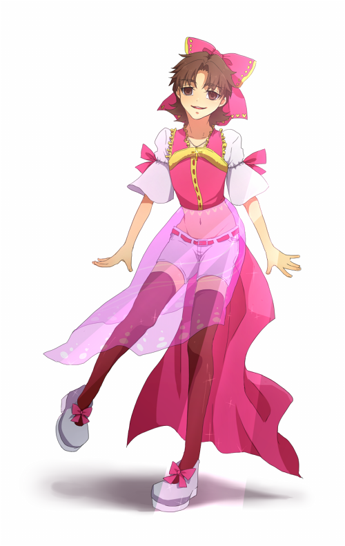 1boy, aoimio, bow, brown_eyes, brown_hair, crossdressing, crossdressing_(mtf), fate/stay_night, fate_(series), hair_bow, kotomine_kirei, male_focus, midriff, shorts, solo, thighhighs