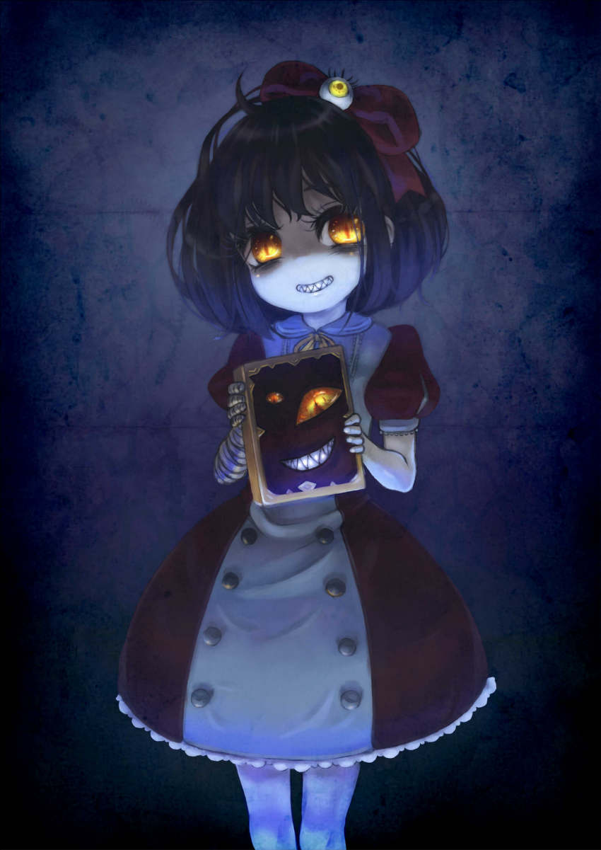 1girl, ade_san, book, dress, evil_grin, evil_smile, female_focus, glowing, glowing_eyes, grin, hair_ribbon, hantoumei_namako, highres, librom, pale_skin, personification, ribbon, shaded_face, sharp_teeth, short_hair, smile, solo, soul_sacrifice, teeth, yellow_eyes