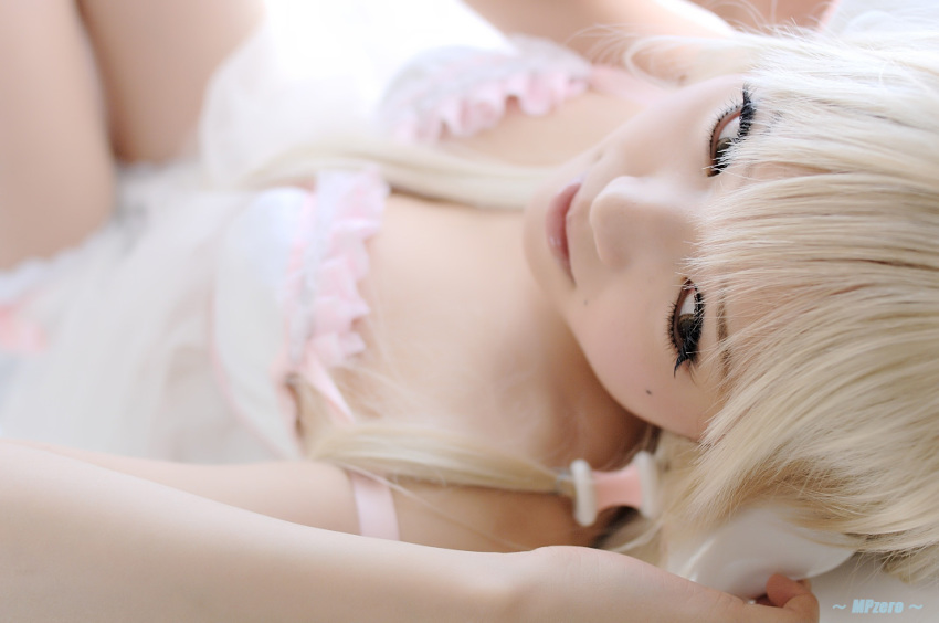 1girl, babydoll, blonde_hair, bloomers, bra, chii, chii_(cosplay), chobits