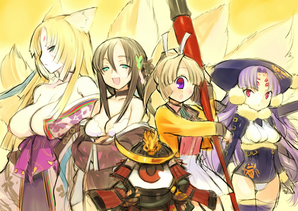 1boy, 4girls, animal_ears, armor, arthropod_girl, blonde_hair, breasts, brown_hair