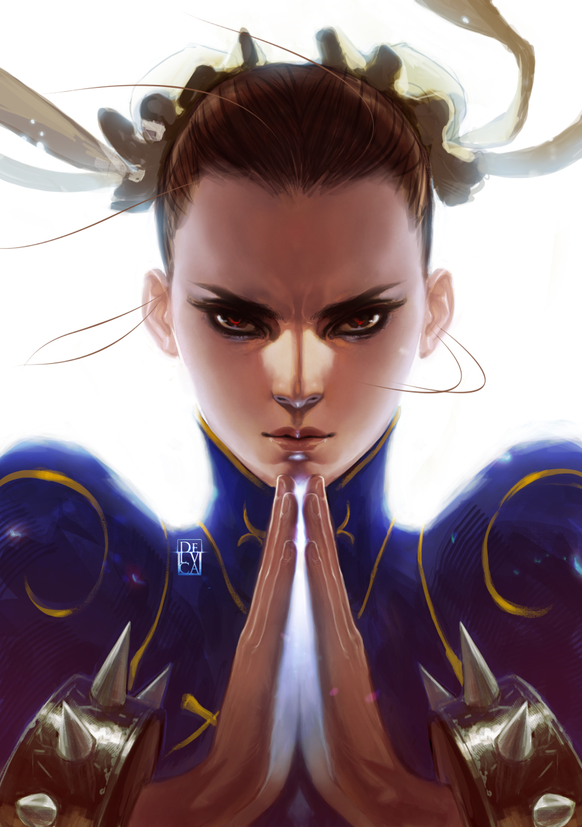 absurdres, antonio_de_luca, bracelet, brown_hair, bun_cover, capcom, china_dress, chinese_clothes, chun-li, double_bun, dress, highres, jewelry, lips, portrait, short_hair, solo, spiked_bracelet, spikes, street_fighter