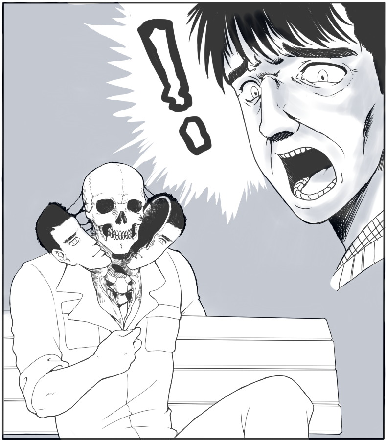 !, 2boys, abe_takakazu, agemmata, bad_id, bad_pixiv_id, bone, greyscale, kuso_miso_technique, michishita_masaki, monochrome, multiple_boys, open_mouth, parody, skeleton, what, yaranaika