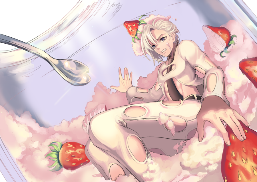 1boy, cream, food, fruit, jojo_no_kimyou_na_bouken, jyh, male_focus, midriff